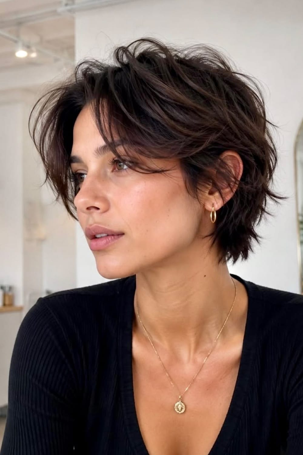 Textured Dark Brown Pixie With Fringe — Winter Haircuts for Oval Faces