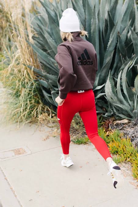 Bold Red Leggings with Brown Hoodie — Winter Workout Outfits