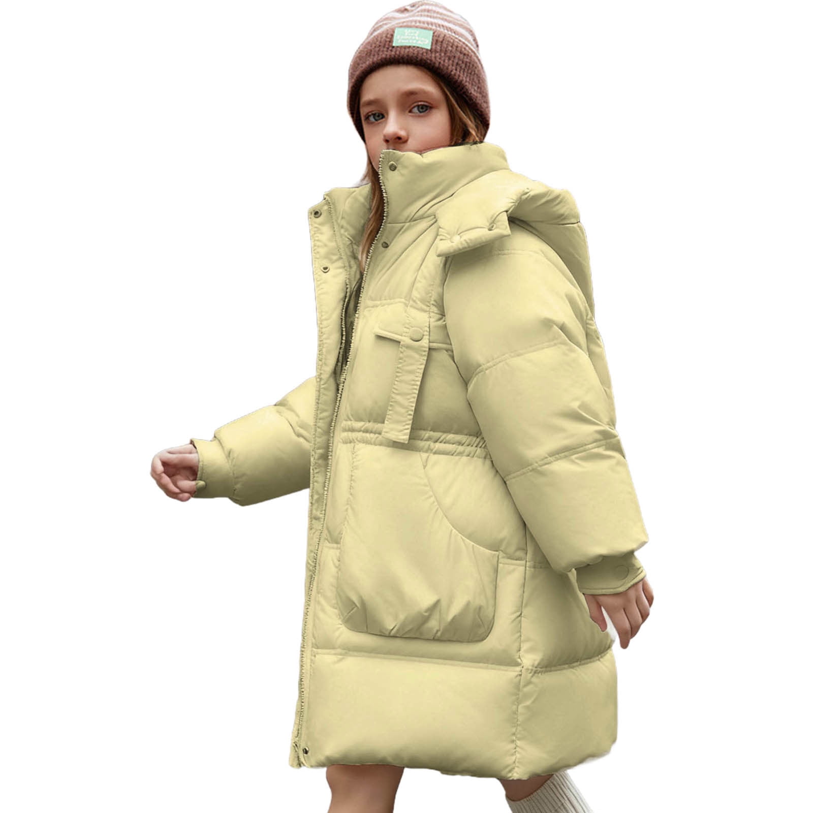 Pale Yellow Longline Hooded Puffer Jacket with Beanie — Winter Puffer Jacket Outfits