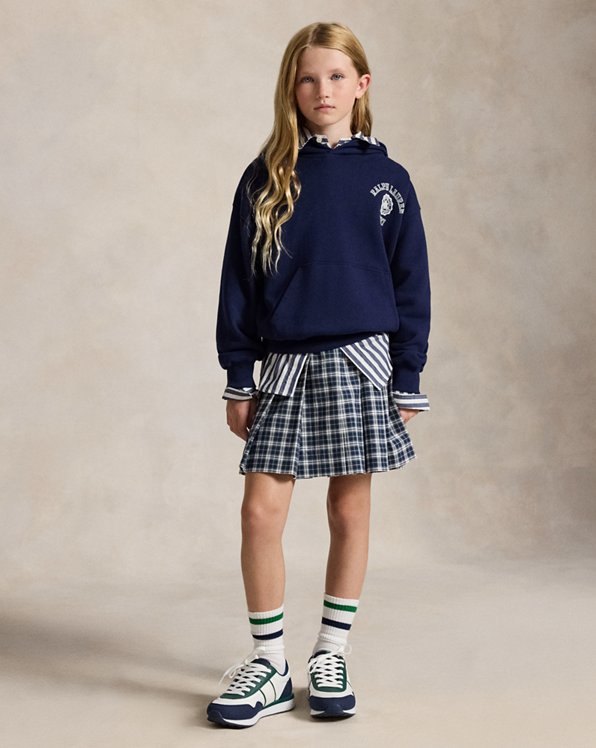 School Hooded Sweatshirt with Plaid Skirt and Sneakers — Winter School Outfits