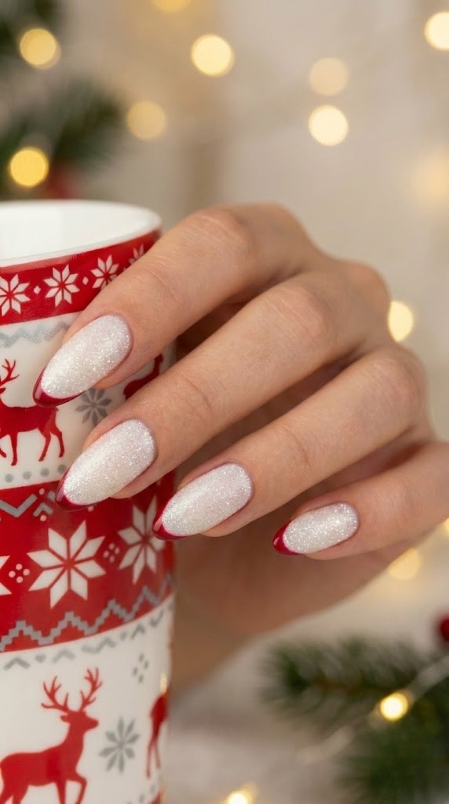 White Glitter Bed with Red French Tips White Glitter Bed with Red French Tips β Christmas Nail Colors 2026