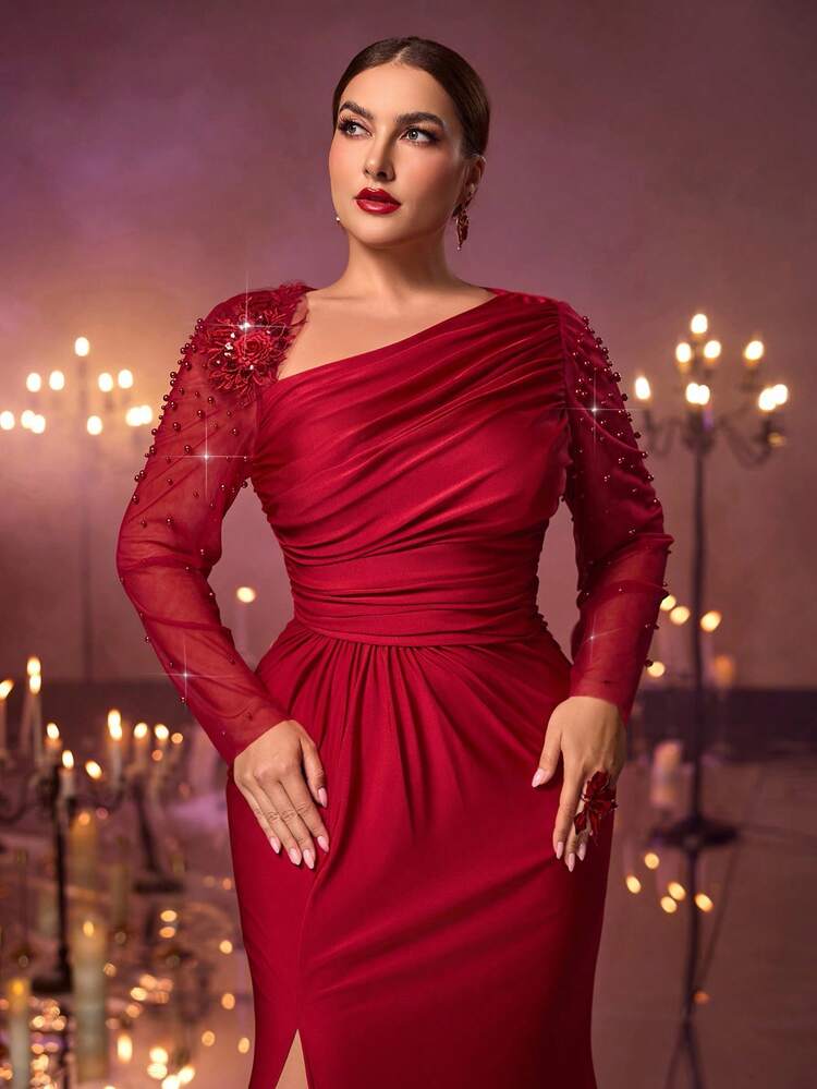 Red One-Shoulder Maxi with Embellished Sheer Sleeves — Winter Formal Dresses