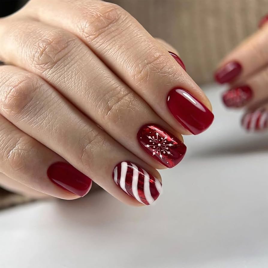 Short Oval Festive Red Winter Nails — Everyday Winter Nails
