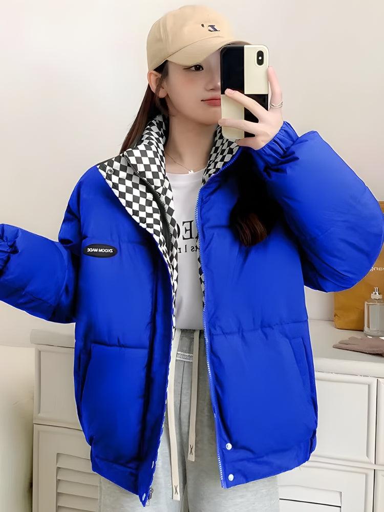 Blue Puffer Jacket with Checkerboard Lining and Cap Blue Puffer Jacket with Checkerboard Lining and Cap β Baddie Winter Outfits
