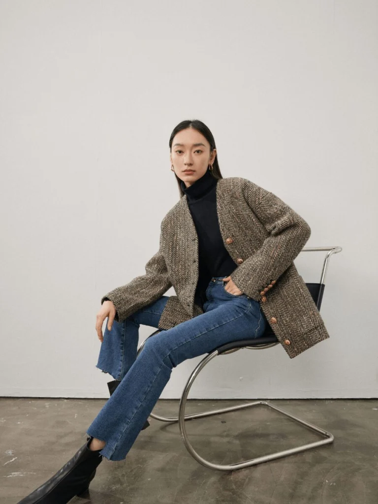 Business Casual Tweed Blazer with Patterned Scarf — Cold Weather Outfits