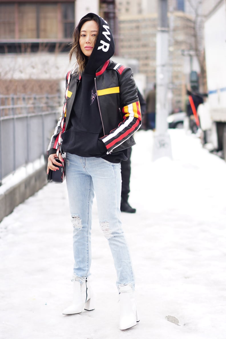 Leather Moto Jacket with Stripes for Urban Winter Travel — Winter Travel Outfits