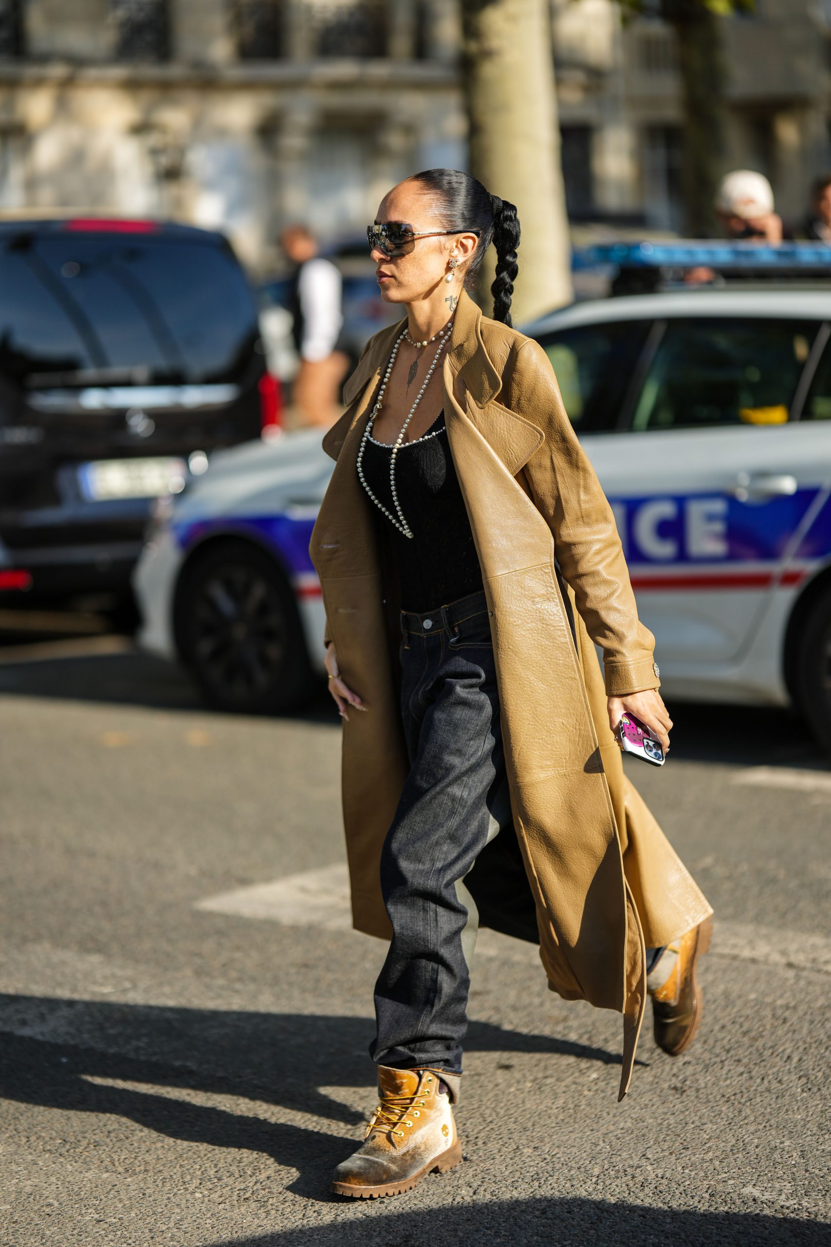 Leather Trench Coat and Pearl Necklace: Sophisticated Casual — Timberland Boots Outfits