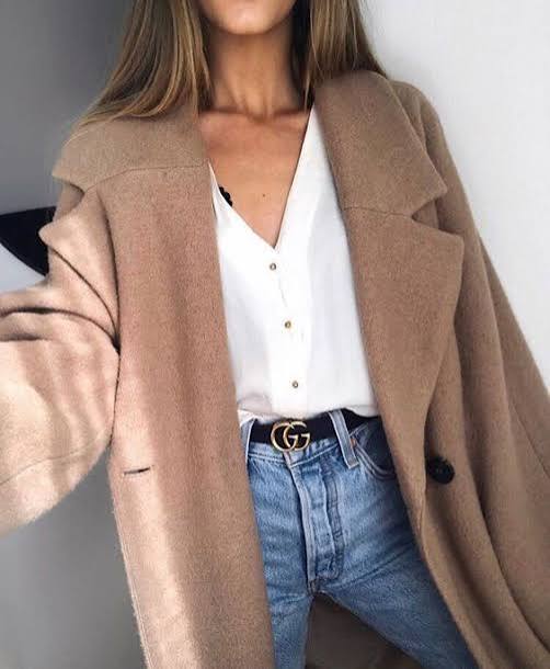 Camel Coat with White Button-Up and Jeans — Minimalist Winter Outfits