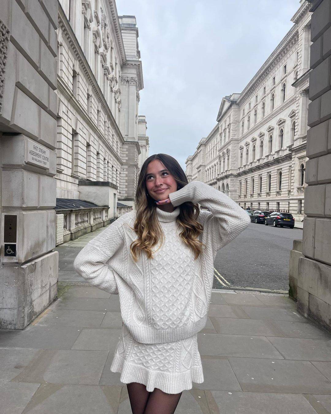 Coordinated Cream Knit: Cozy Mini Skirt Ensemble — London Winter Outfits