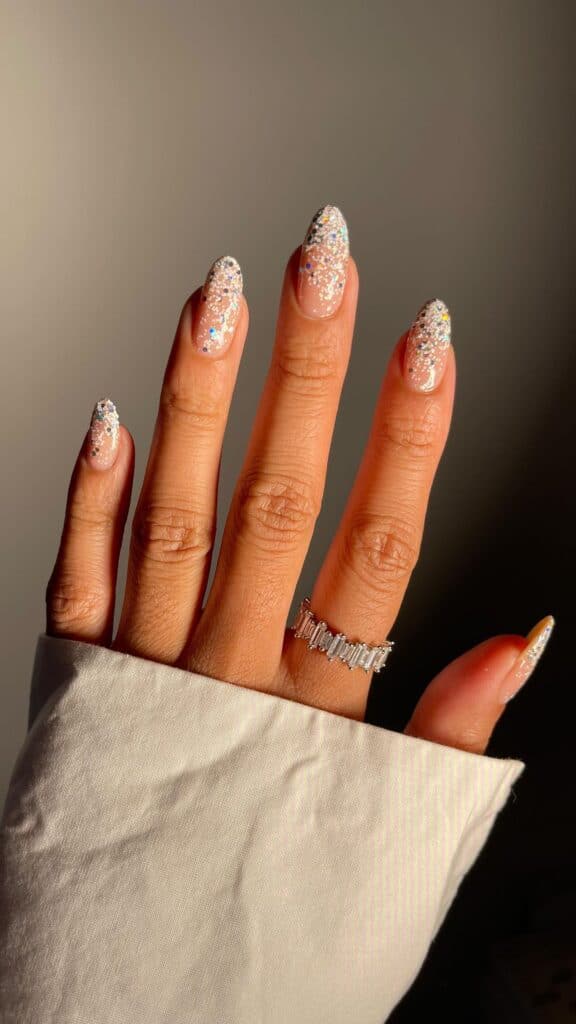 New Years Long Almond Iridescent Glitter Gradient New Years Long Almond Iridescent Glitter Gradient β Sparkly New Years Nails 2027