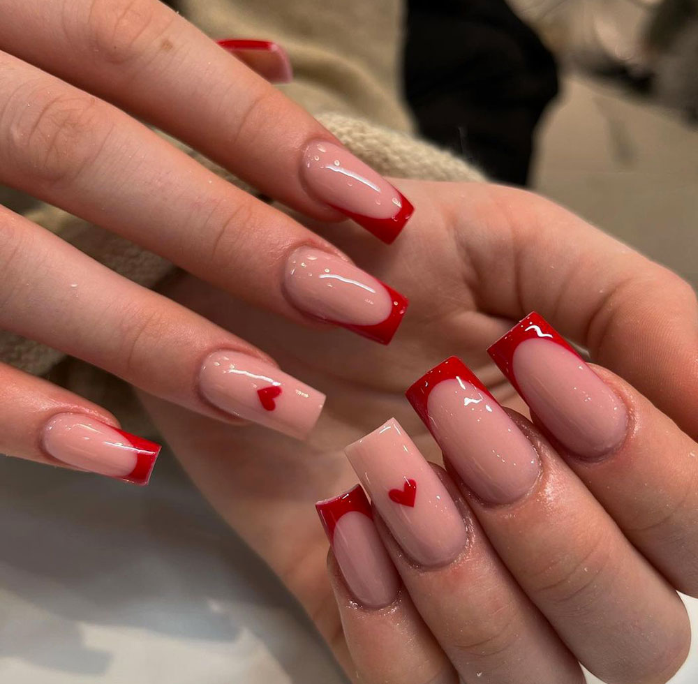 Red French Tips with Tiny Hearts — Winter Red Nails