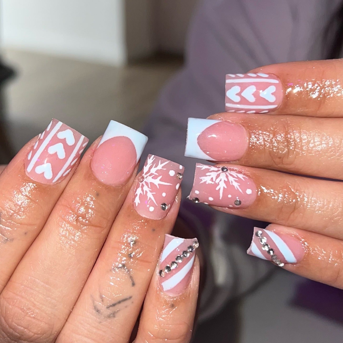 Pink & Blue Mixed Pattern Short Squares — Winter Acrylic Nail Colors