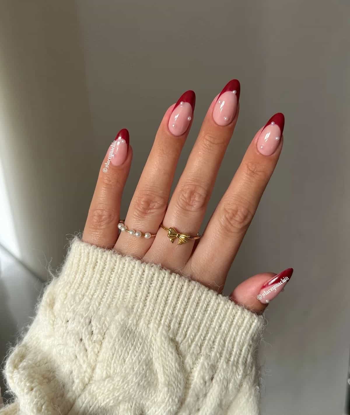 Pearls on Red French Almond Nails — Minimalist Christmas Nails 2026