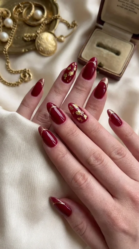 Medium Almond Gold Foil and Glitter French — Cherry Red Nails