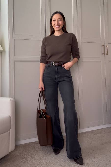 Office Ready: Longline Coat with Camel Sweater and Wide Leg Jeans — Winter Outfits with Wide Leg Jeans