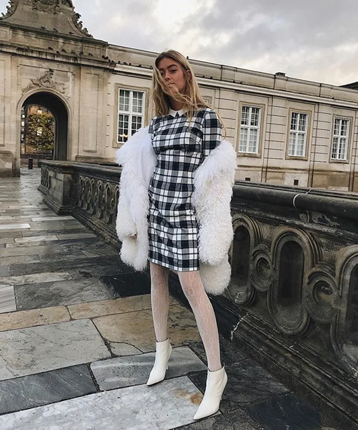 Plaid Mini Dress and White Faux Fur Coat Ensemble — December Outfits