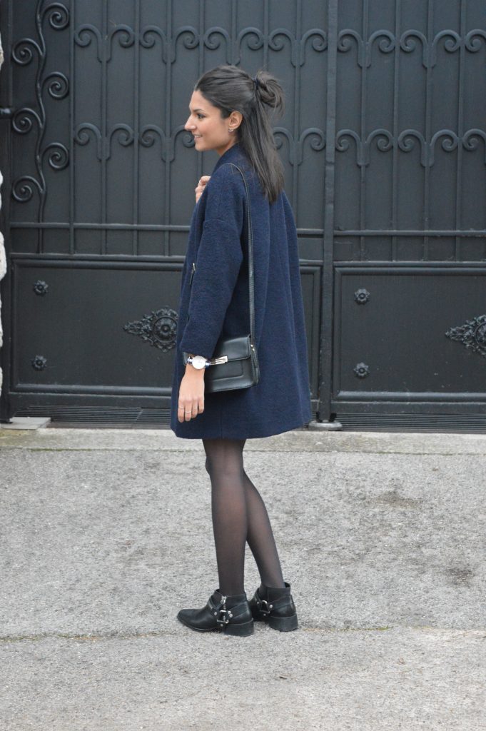 Navy Wool Blend Coat with Ankle Boots and Crossbody Bag — Wool Coat Outfits