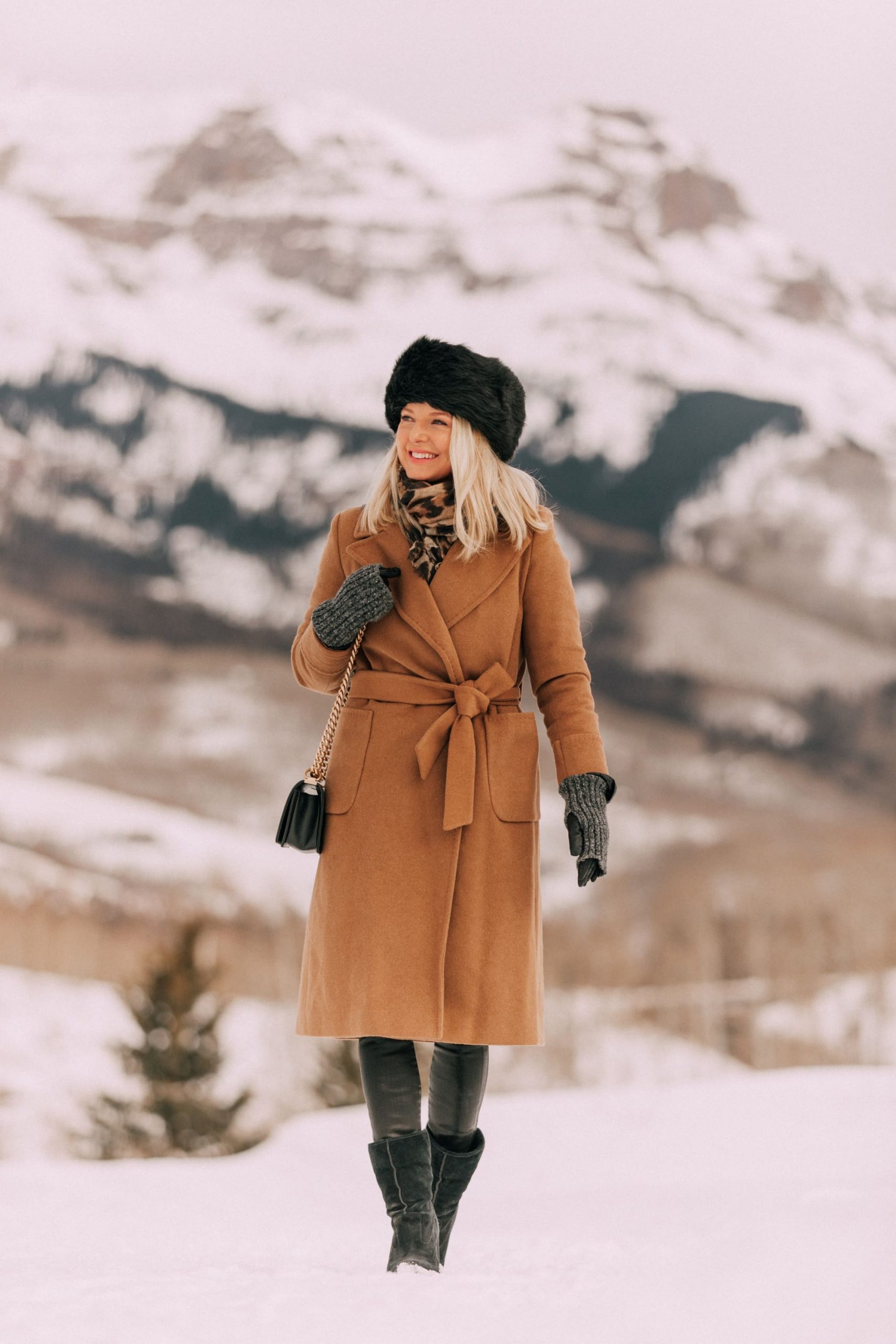 Tan Wrap Coat Styled with a Leopard Print Scarf — Italy Winter Outfits