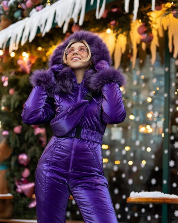 Shiny Purple Ski Suit with Fur-Trimmed Hood Shiny Purple Ski Suit with Fur-Trimmed Hood — Ski Outfits