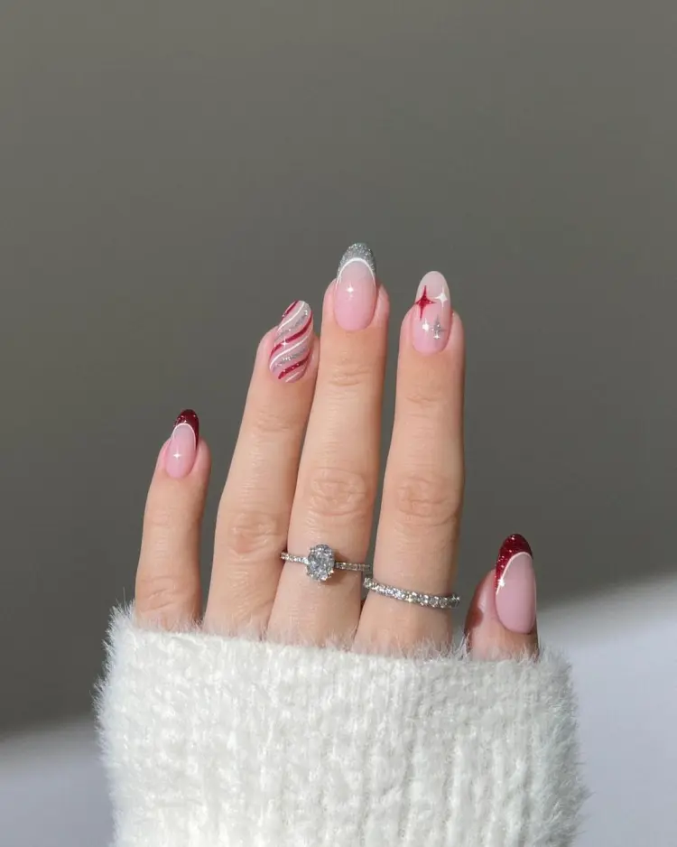 Sheer Pink with Burgundy French and Festive Accents Sheer Pink with Burgundy French and Festive Accents β Burgundy Christmas Nails 2026