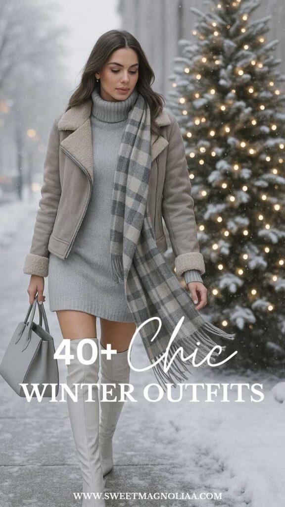 Turtleneck Dress with Faux Fur Moto Jacket — Winter Going Out Outfits