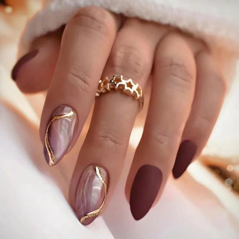 Deep Maroon Marble on Long Coffin Nails — Winter Marble Nails