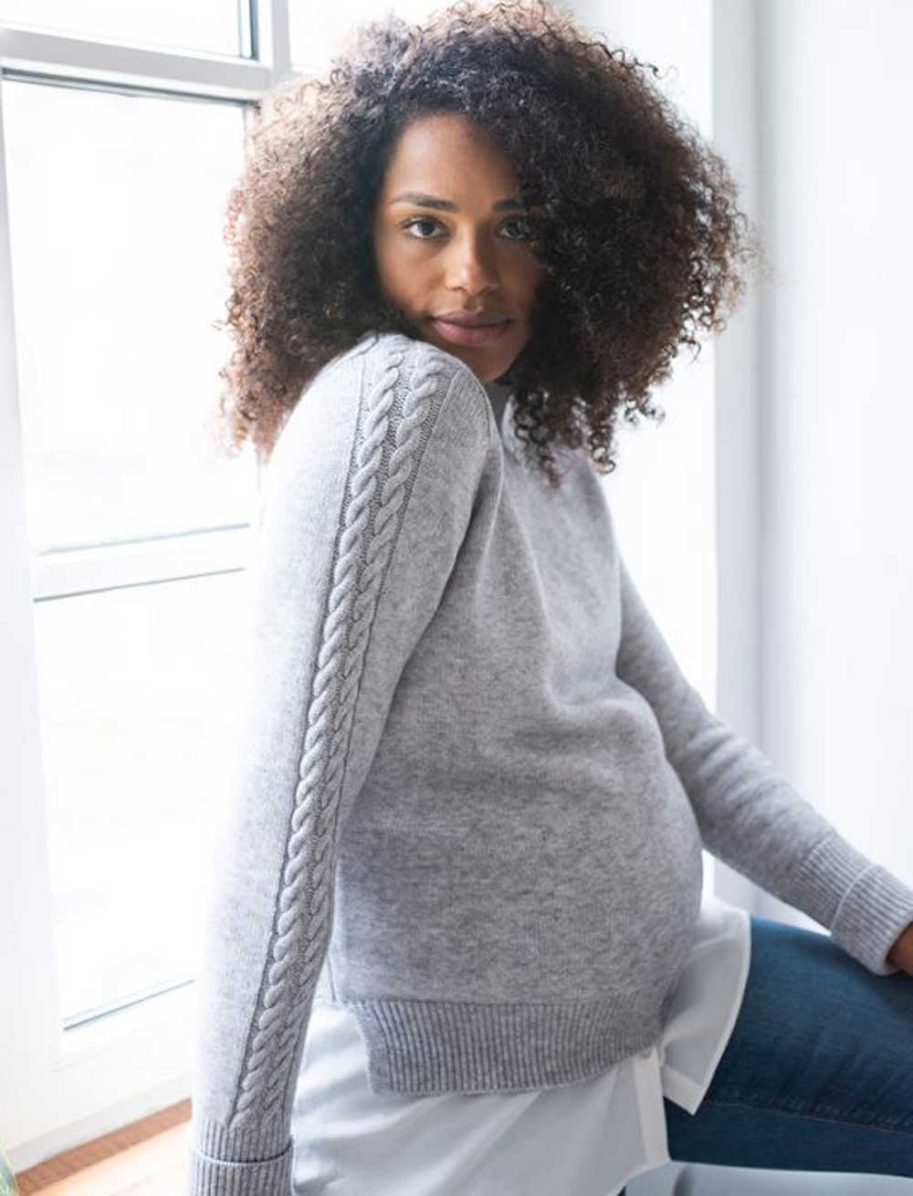 Layered Grey Cable Knit Sweater with Jeans Layered Grey Cable Knit Sweater with Jeans β Winter Maternity Outfits