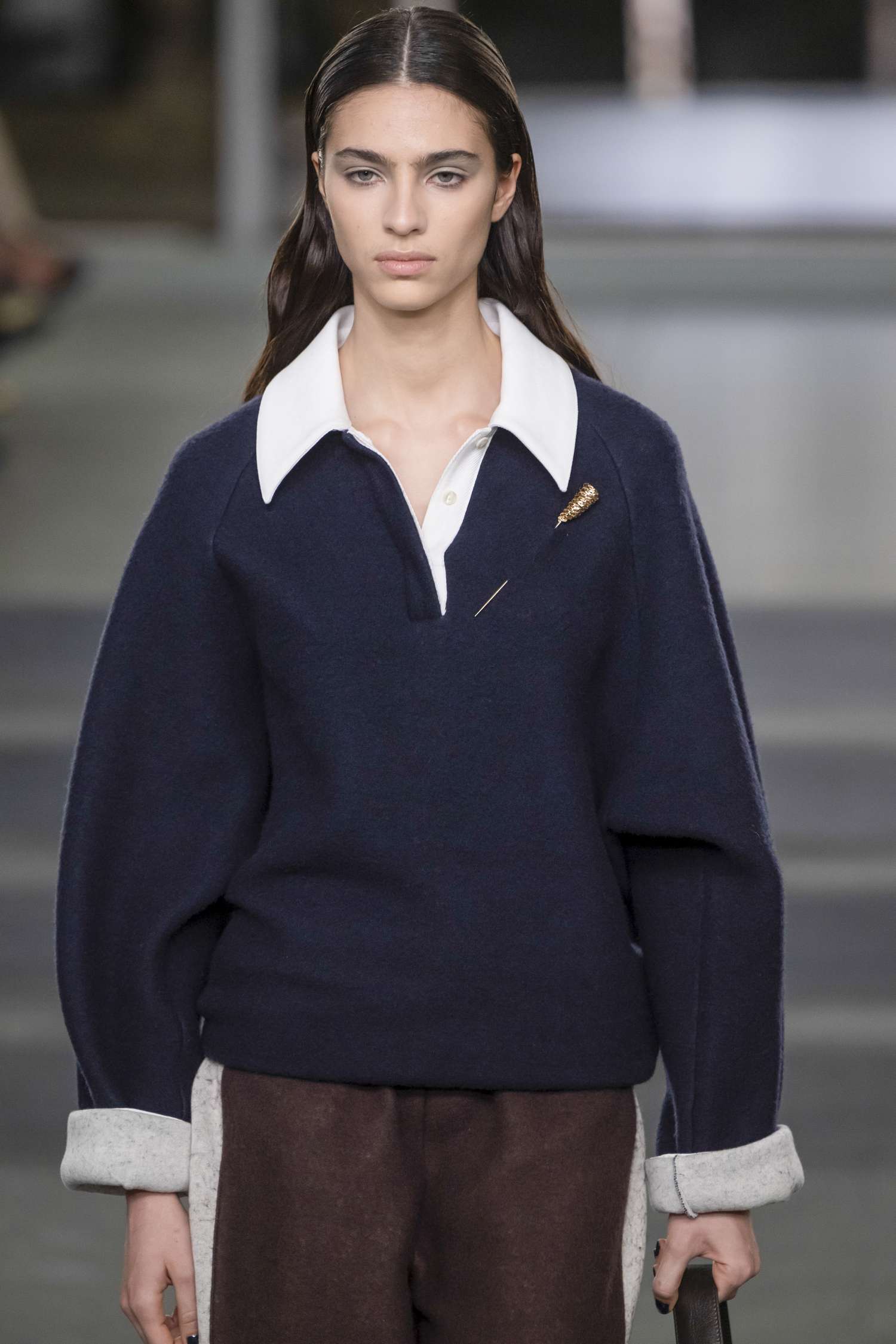 Navy Crewneck Sweater with Collared Shirt and Gold Pin Navy Crewneck Sweater with Collared Shirt and Gold Pin β Preppy Winter Outfits