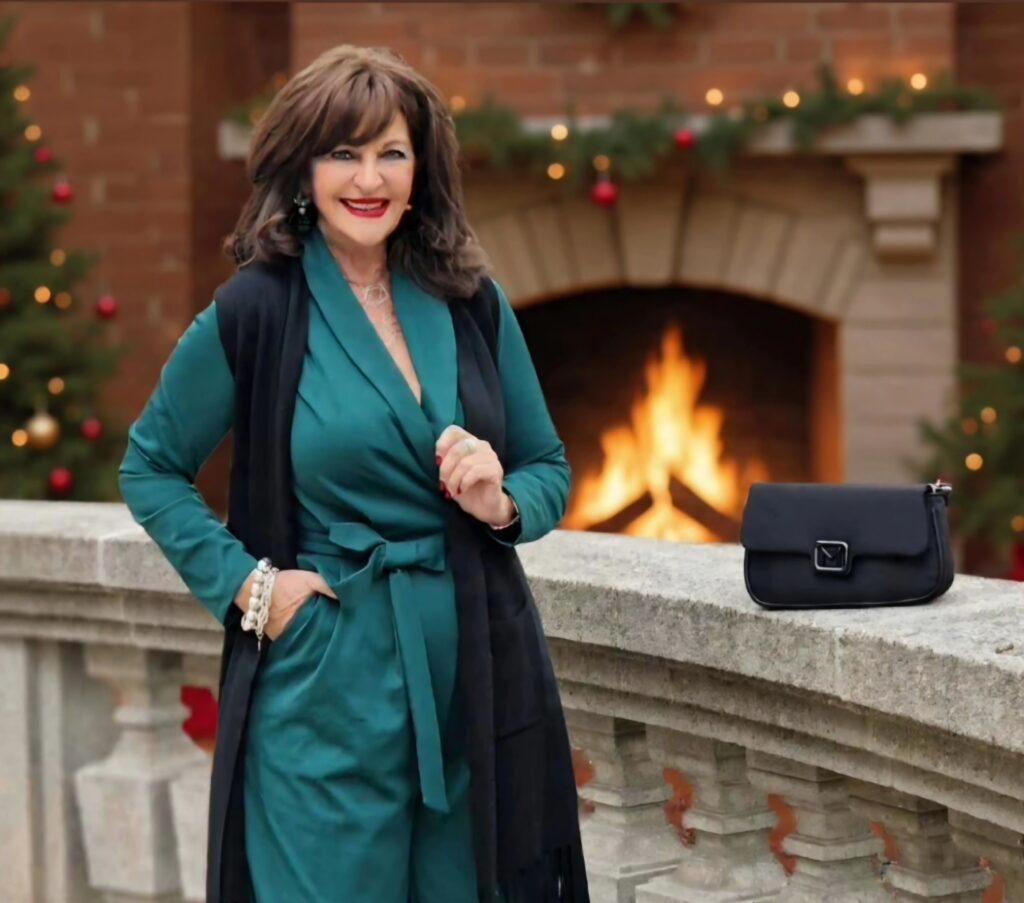 Festive Evening: Teal Jumpsuit with Longline Knit Vest — Late Winter Outfits