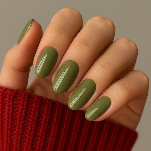 Muted Olive Green Glossy Short Oval Nails Muted Olive Green Glossy Short Oval Nails β Winter Nail Colors