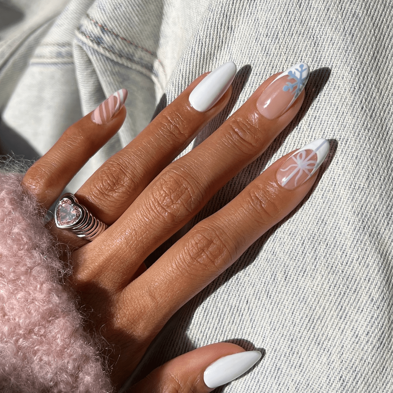 White Light Blue Snowflake Striped Stiletto Nails White Light Blue Snowflake Striped Stiletto Nails β Medium Christmas Nails 2026