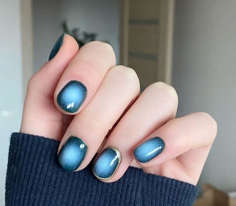 Teal Blue Cat-Eye with Gold Foil Accent — Winter Nail Colors for Short Nails