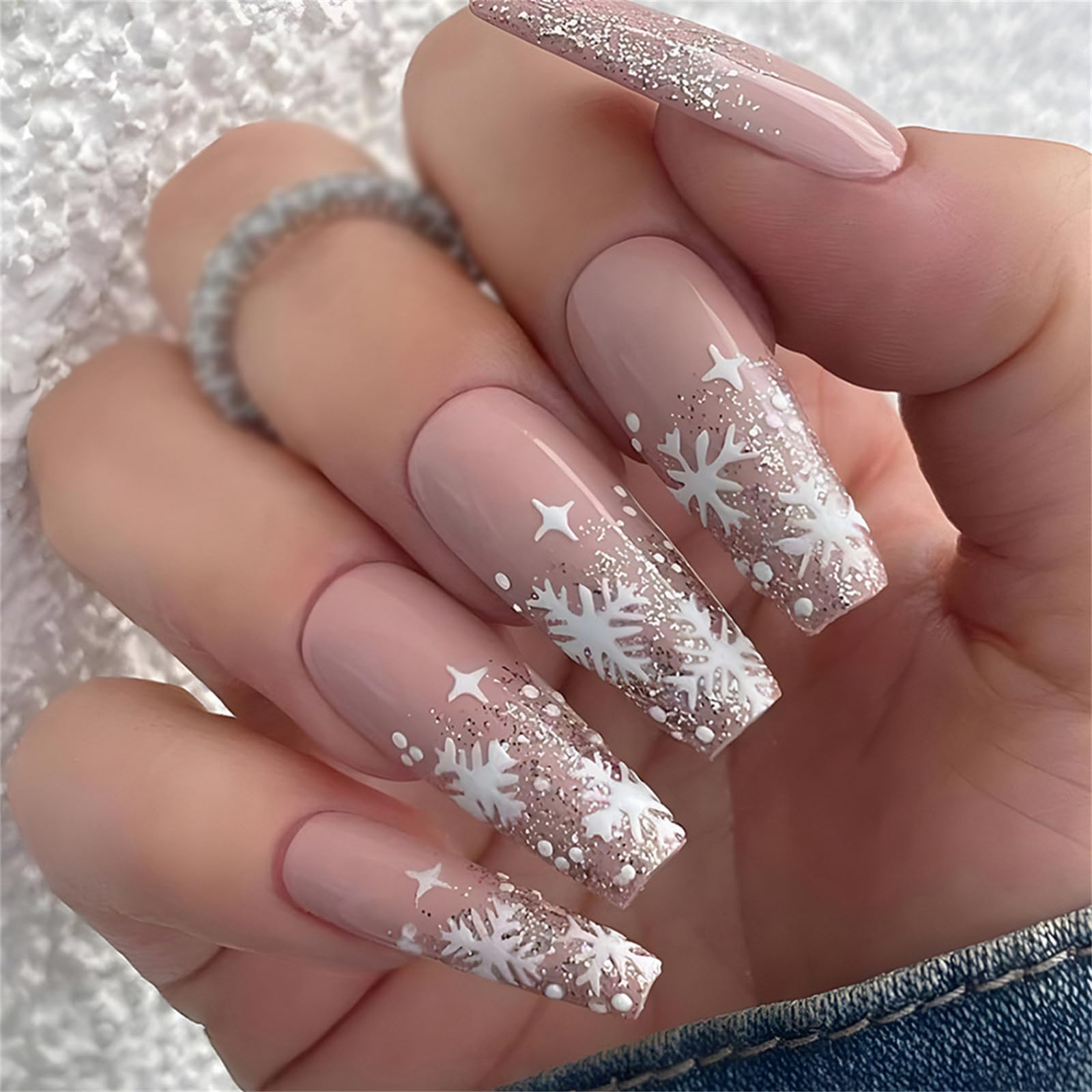 Neutral Pink Snowflake Glitter Coffin Nails Neutral Pink Snowflake Glitter Coffin Nails β Long Winter Coffin Nails
