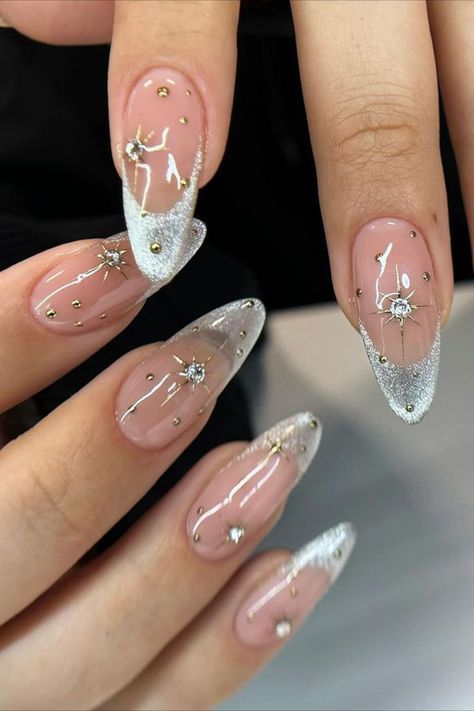 Sheer Pink Stiletto with Gold Dots and Stars Sheer Pink Stiletto with Gold Dots and Stars β New Years Acrylic Nails 2027