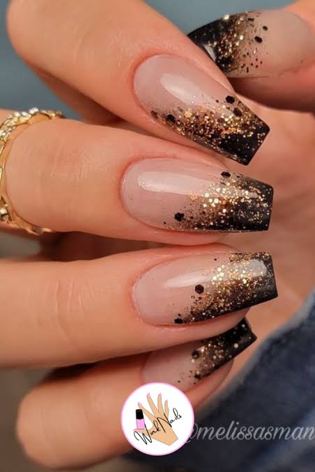 Black Gold Glitter Ombre Long Coffin Nails Black Gold Glitter Ombre Long Coffin Nails β NYE Nails 2027