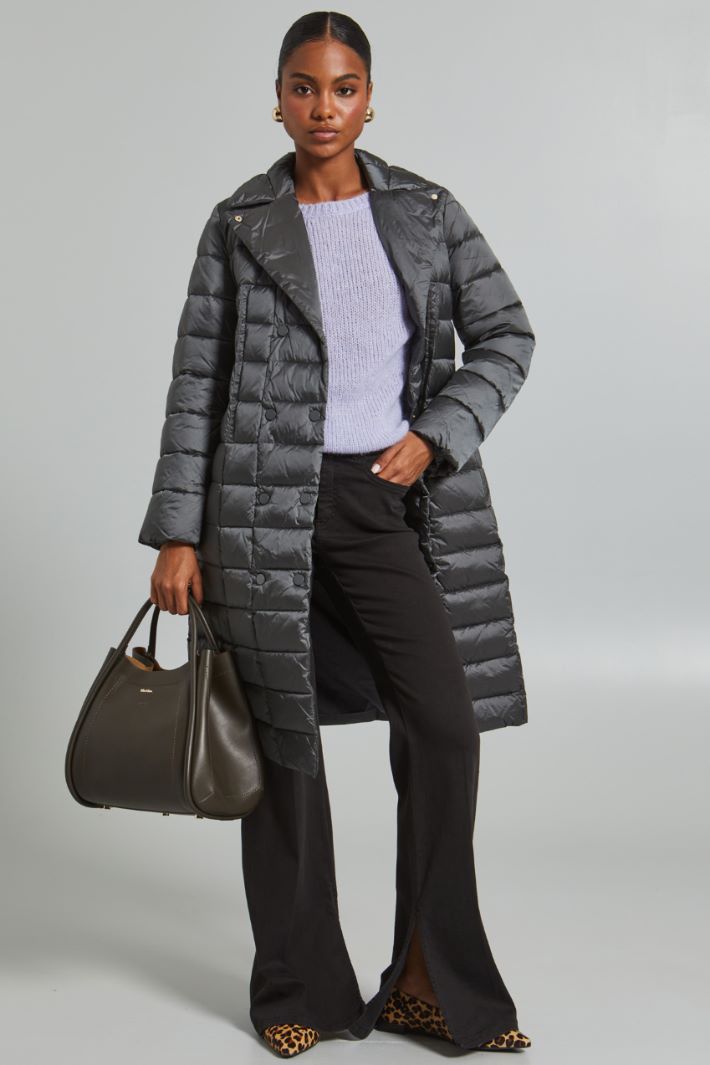 Grey Long Puffer Coat Layered Over Purple Knit — Long Puffer Coat Outfits