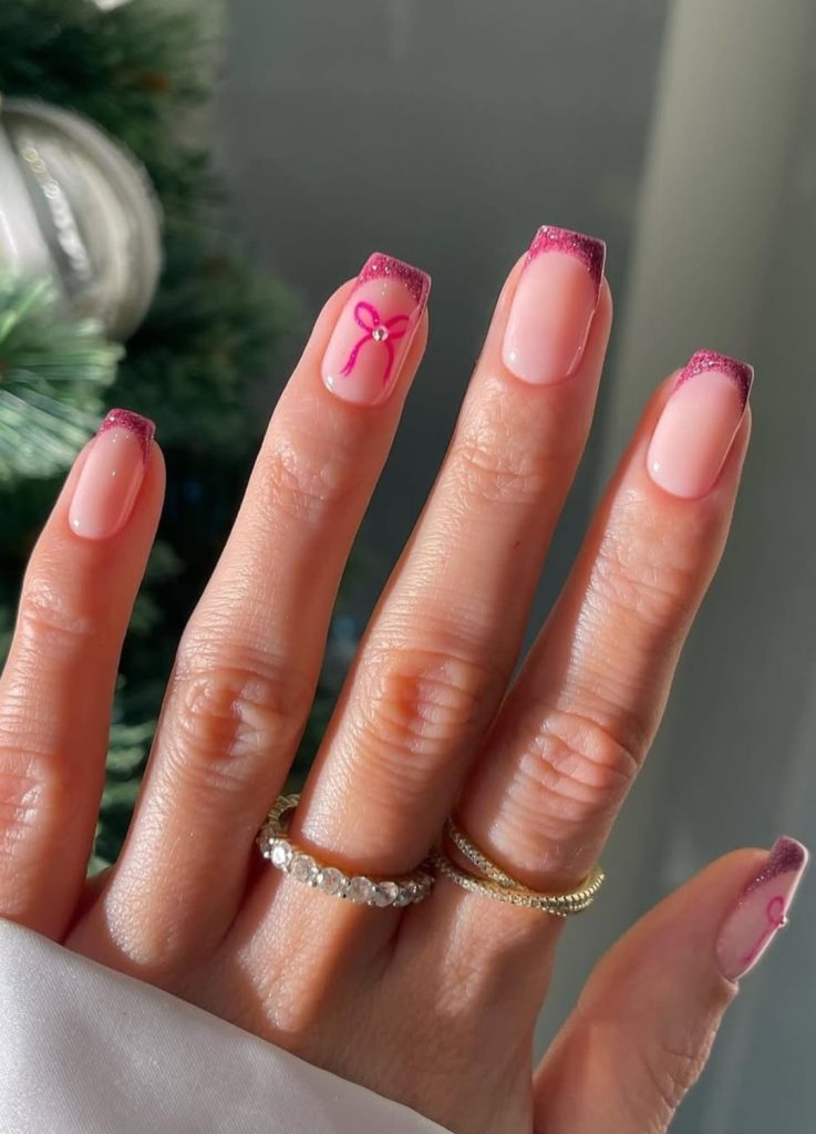 Pink Glitter French Bow Short Square Nails Pink Glitter French Bow Short Square Nails β Easy Christmas Nails 2026
