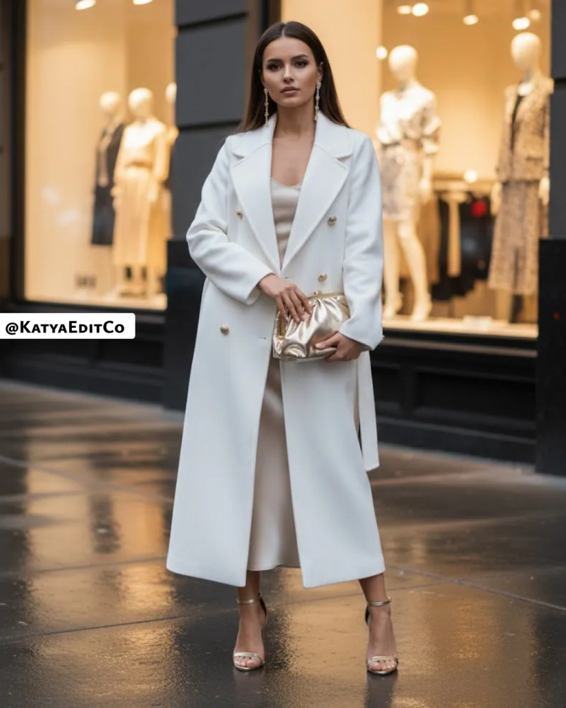 Elegant Satin Slip Dress Under a White Coat Elegant Satin Slip Dress Under a White Coat β Winter Date Night Outfits