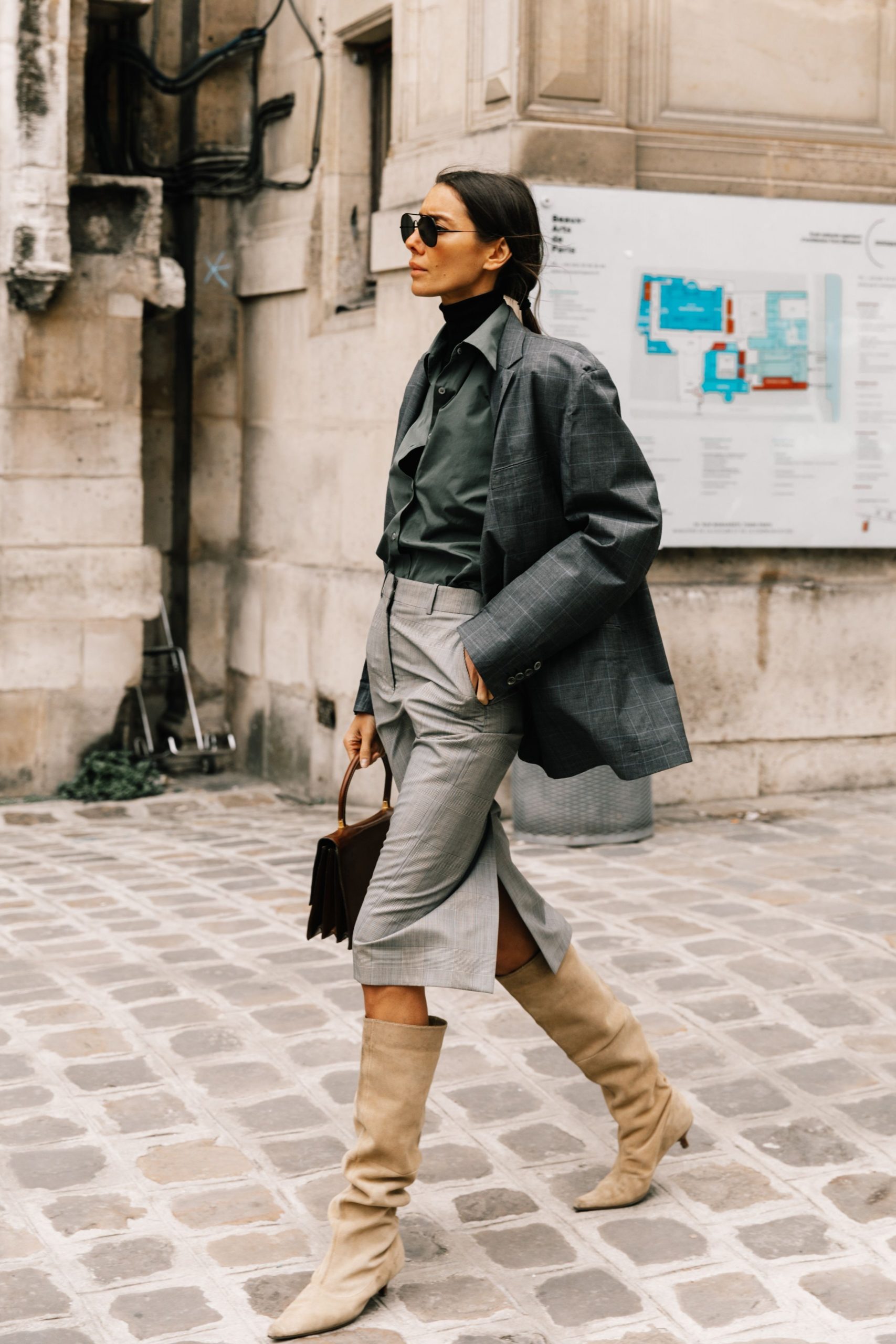 Chic Plaid Ensemble with Beige Suede Knee-High Boots — Knee High Boots Outfits