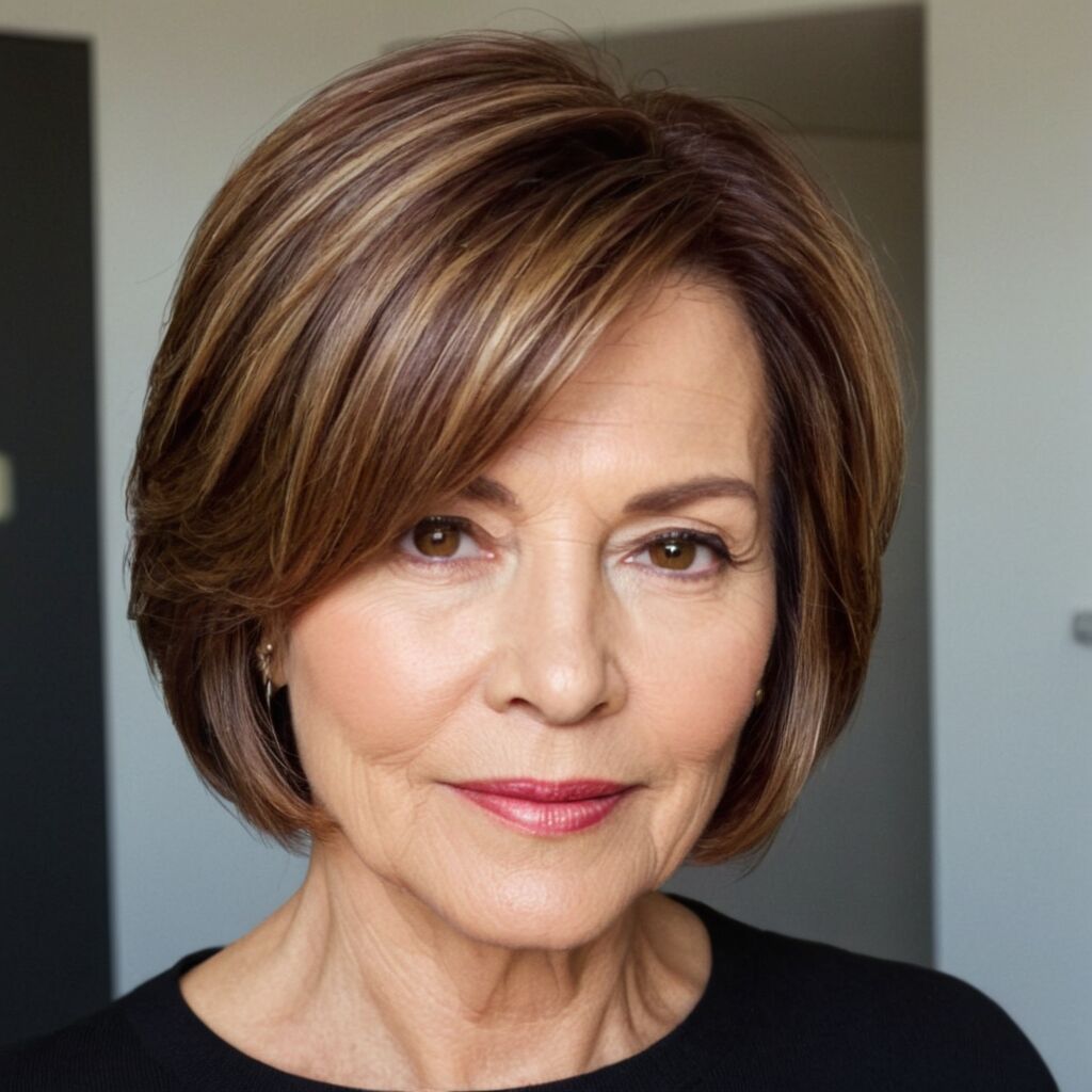 Dark Brown Bob With Caramel Highlights — Winter Haircuts for Women Over 70