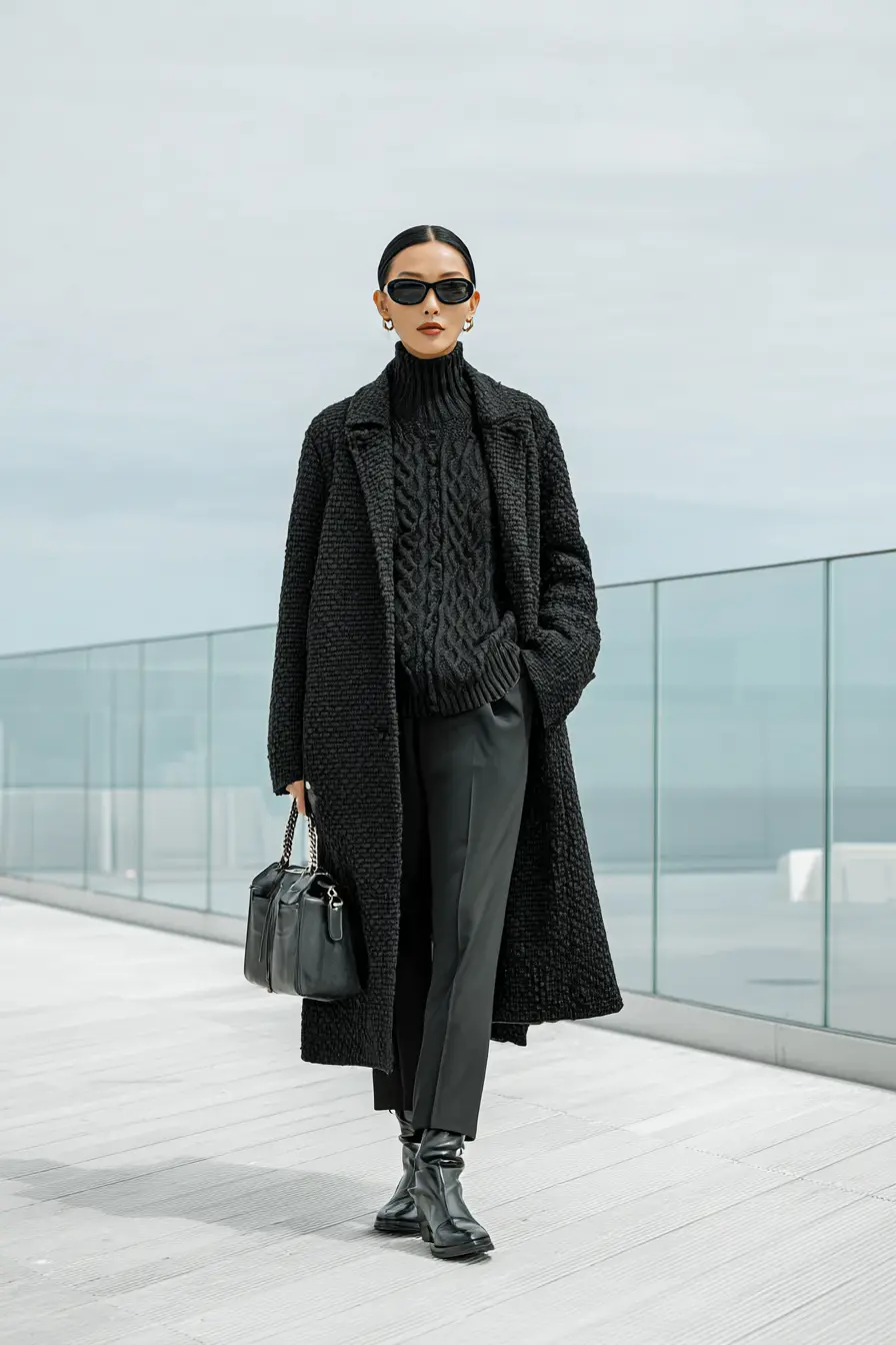 Chunky Knit Sweater and Tailored Trousers for a Refined Winter Look — All Black Winter Outfits