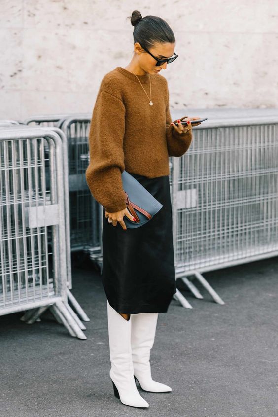 Fuzzy Knit Sweater with Black Midi Skirt and White Boots Fuzzy Knit Sweater with Black Midi Skirt and White Boots β Winter Skirt Outfits