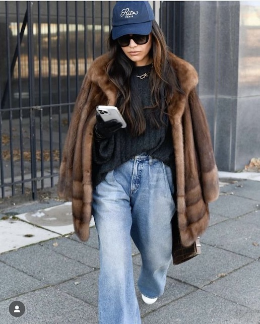 Casual Daytime Brown Mink Fur Jacket with Wide-Leg Jeans — Fur Hat Outfits