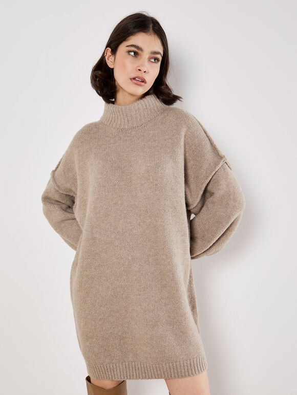 Beige Chunky Knit Sweater Dress with Knee-High Boots — Sweater Dress Outfits