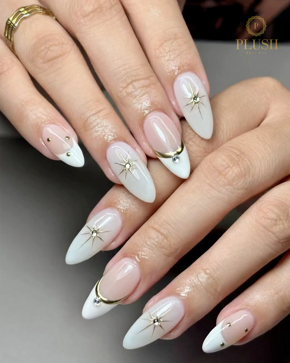 White Gold Starburst Rhinestone Nails White Gold Starburst Rhinestone Nails β Classy New Years Nails 2027