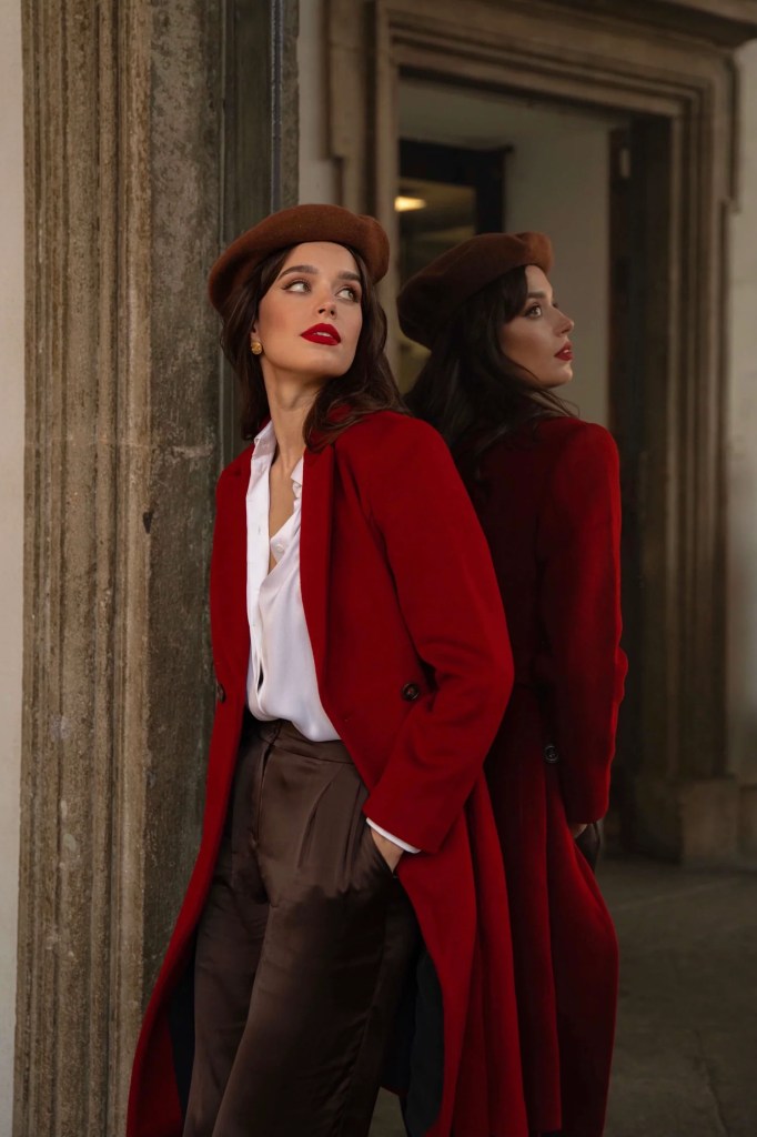Striking Red Wool Coat with Satin Trousers — Old Money Winter Outfits