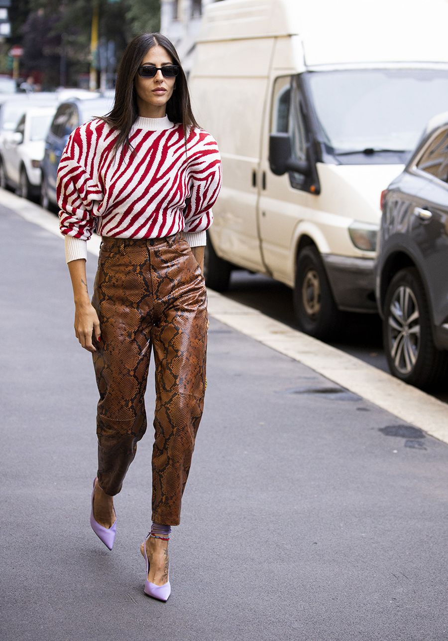 Snakeskin-Effect Leather Pants with Striped Sweater and Lavender Heels — Leather Pants Outfits