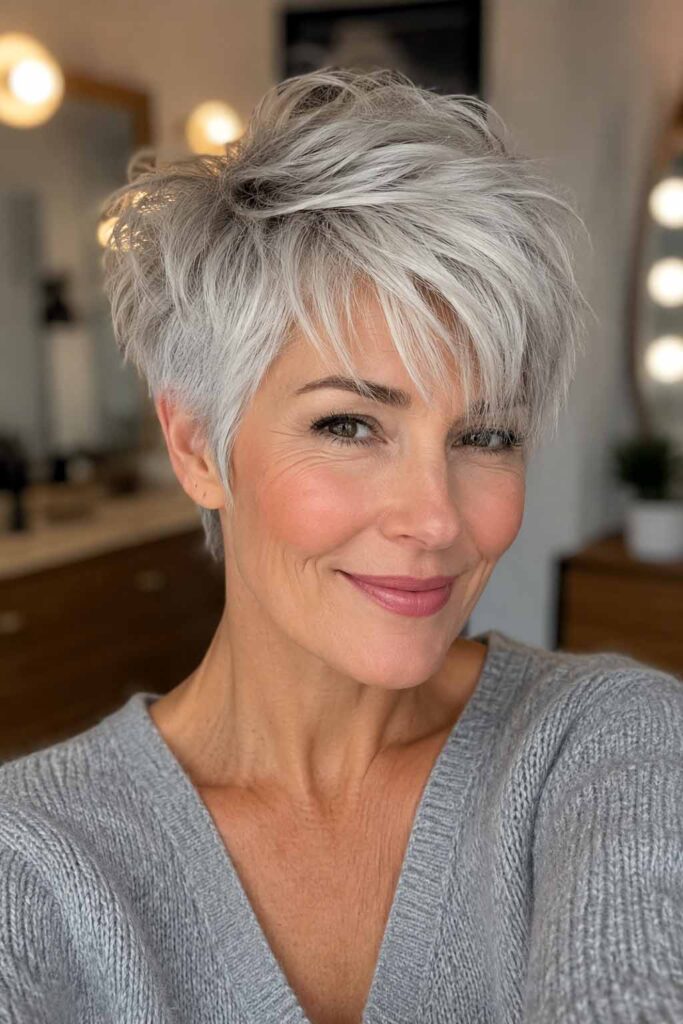 Silver-Grey Pixie with Tousled Bangs Silver-Grey Pixie with Tousled Bangs β Winter Haircuts for Women