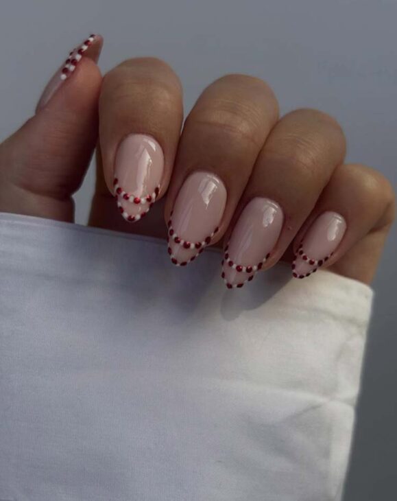 Nude Beaded French Tip Almonds — Christmas Nail Designs 2026