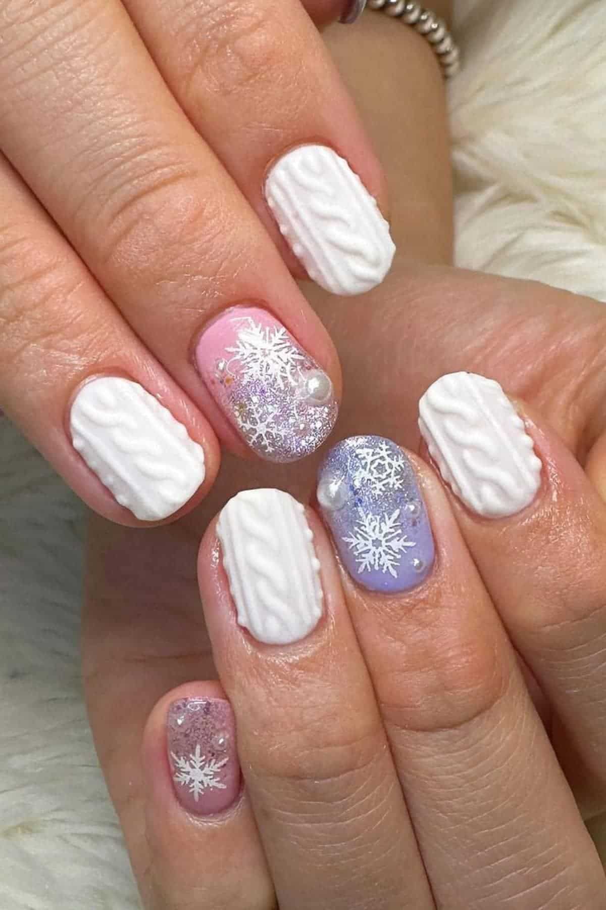 Short Oval White Pink Purple Gradient Knit — Sweater Nails